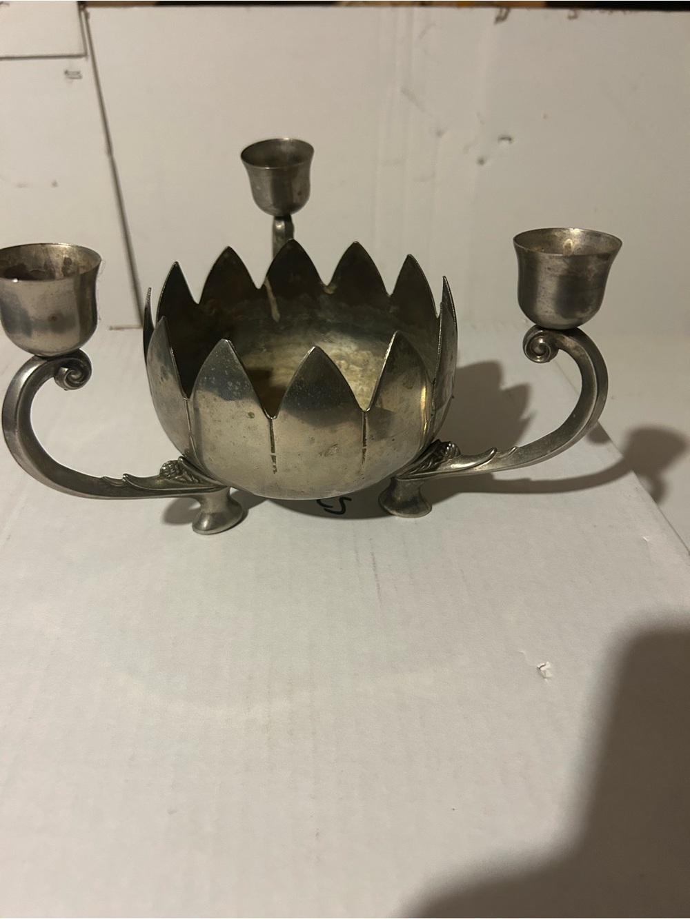 Vintage Silver-Tone Lotus Centerpiece Candle Holder